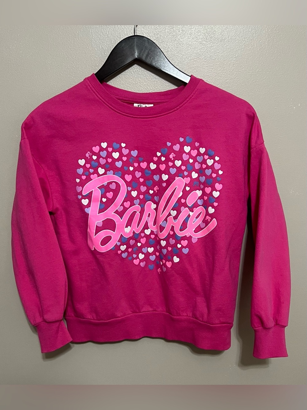 Barbie Pink Heart Sweatshirt -small spot on back -see pic Size L 10/12